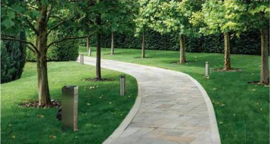 Stone path curving through a tree-lined lawn